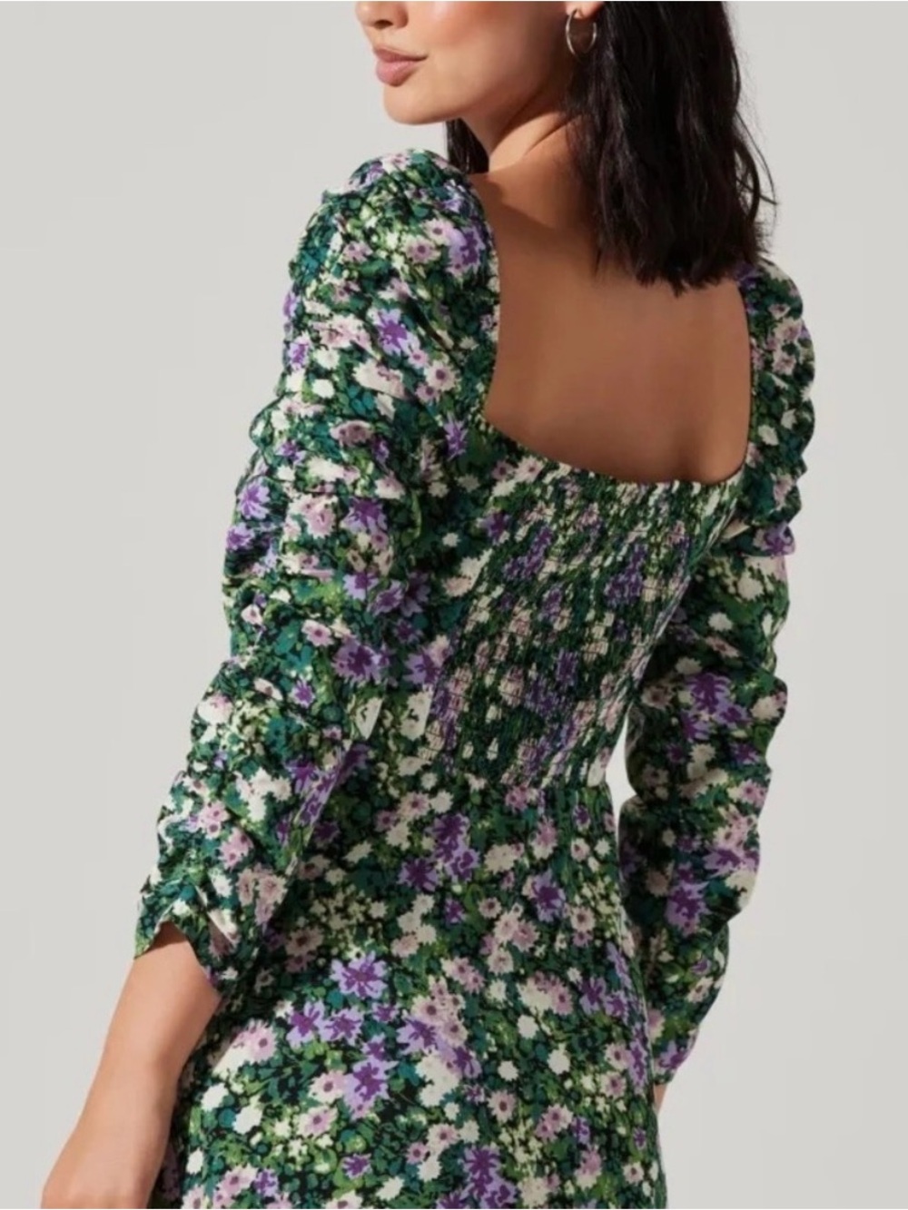 Astr Green Floral Puff-Sleeve Square-Neck Dress